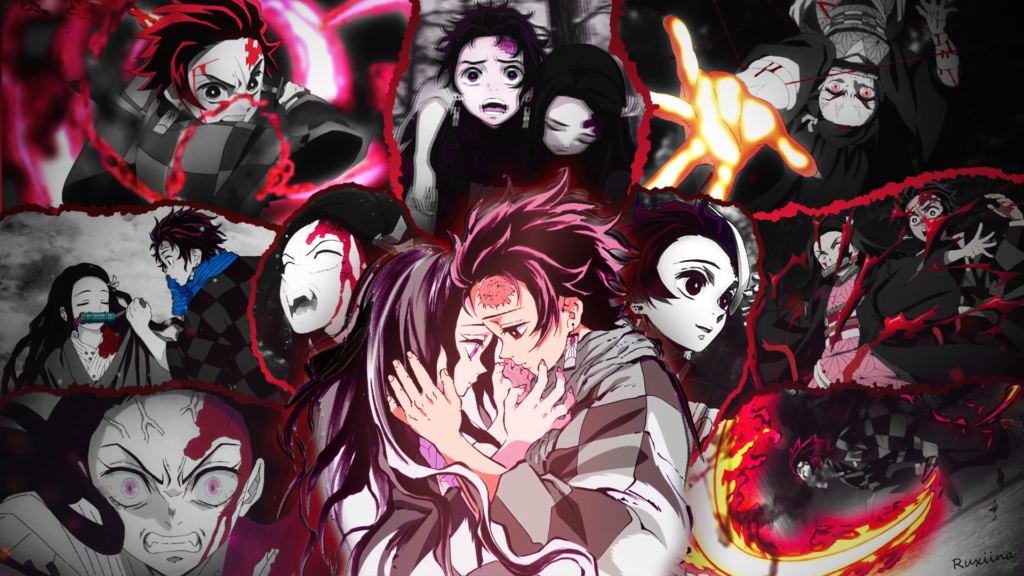 Heartwarming collage capturing the unwavering loyalty between Nezuko and Tanjiro, Demon Slayer's fiercest duo.