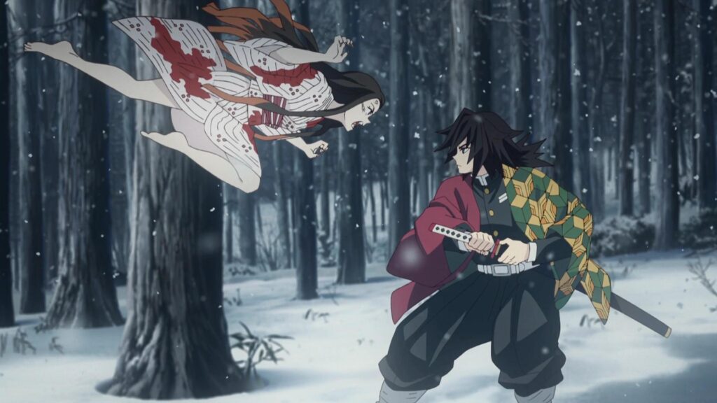 Nezuko Kamado Protecting Tanjiro against Giyu as seen in Demon Slayer Anime Opening Episode.